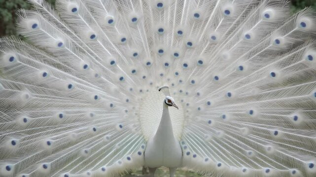 A stunning albino peacock displaying its magnificent white feathers in full detail, showcasing its beauty.