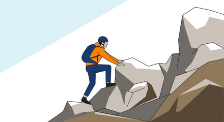 Obraz premium An illustrative image of a rock climber with safety gear scaling a steep rocky terrain