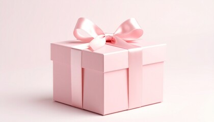 Obraz premium Pink gift box with glossy ribbon bow on a soft pink background