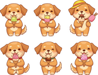 Cute cartoon puppy enjoying ice cream in summer, adorable dog character eating various colorful frozen treats with happy expressions.