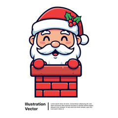 A cheerful and cute cartoon Santa Claus character with a happy smile inside a red brick chimney