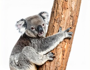 _Happy Koala Hugging Tree, isolated on white background
