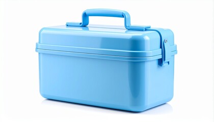 Blue plastic toolbox with top handle and front latches on a white background