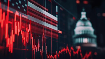 A red and white American flag is shown in front of a building with a large dome. The image is of a stock market graph with a red line that is below the flag. Scene is one of financial uncertainty - Powered by Adobe