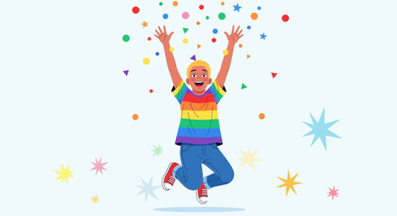 Animated Illustration of Joyful Young Person Celebrating Surrounded by Confetti and Stars