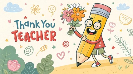 Obraz premium Cartoon pencil character holding flowers for thank you teacher message.