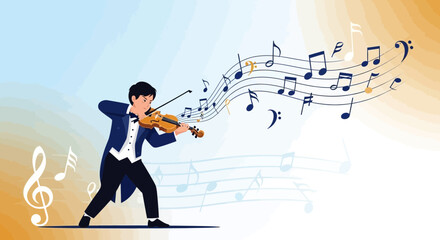 Animated Musician Performing Violin, Creating Harmonious Melodies with Musical Notes