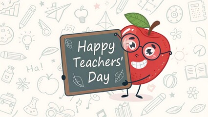 Happy teachers day apple character holding a chalkboard with doodles.