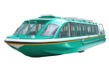 Teal Enclosed Water Bus Passenger Vessel on Transparent Background