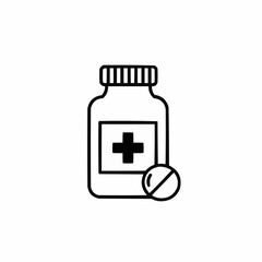 Obraz premium Simple black line drawing of a medicine bottle and a prohibited pill.