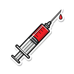 Vector art of medical syringe filled with red liquid and a drop falling from the needle, isolated on a, symbolizing healthcare and medicine