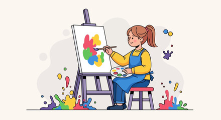 Fototapeta premium Artist Joyfully Paints Colorful Artwork On Canvas, Creative Process Flowing With Enthusiasm
