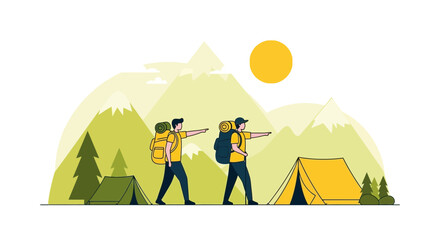 Fototapeta premium Adventurous Hikers Explore The Majestic Mountains Under A Brilliant Sunny Sky