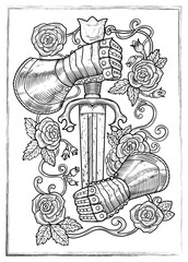 Old fantasy engraved illustration with knight hands in gloves holding swords among roses isolated on white. Vector line art drawings, adventure and romantic concept, medieval symbol
