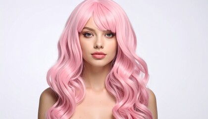 Naklejka premium A woman with vibrant pink wavy hair. Studio shot, neutral background