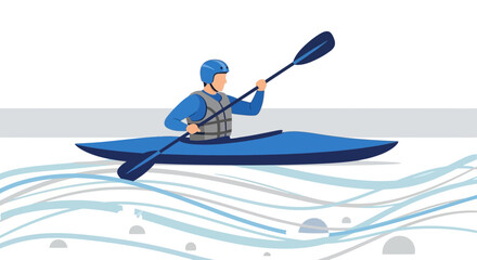 Adventurous Kayaker Navigating Blue Waters with Paddle and Safety Gear, Vector Illustration