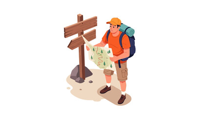 Adventurous man with map and backpack looking at direction signpost in nature.