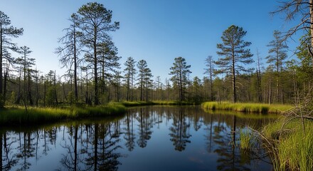 Obraz premium Tranquil River Through Lush Forest.