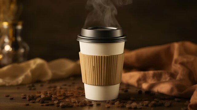 A steaming cup of coffee in a paper cup with a cardboard sleeve on a wooden table.