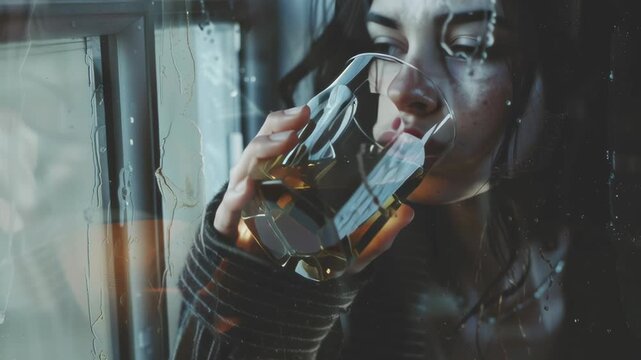 A woman is drinking a glass of beer while looking out the window. Scene is somewhat melancholic, as the woman is lost in thought while sipping her drink