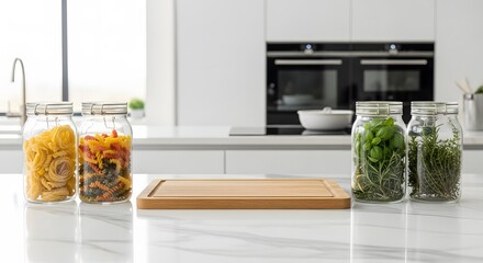 Glass jars filled with pasta and herbs on a kitchen counter
