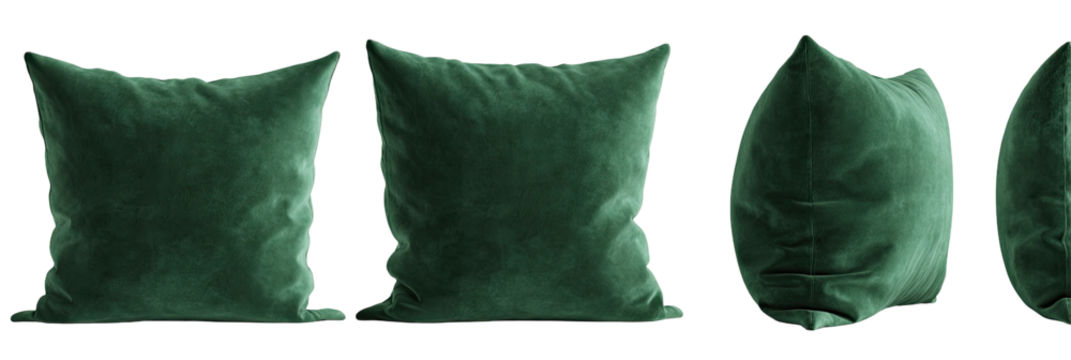 Four dark teal green velvet throw pillows in various orientations