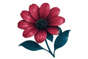 Vibrant red flower blossoming, delicate teal leaves spreading, transparent backdrop showcasing botanical elegance for graphic design