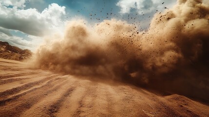Desert landscape with swirling dust and sandy terrain under a dramatic sky Dunes in motion create a dynamic and intense atmosphere in the arid environment