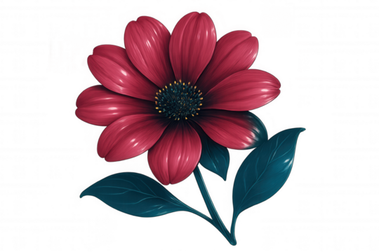 Vibrant red flower blossoming, delicate teal leaves spreading, transparent backdrop showcasing botanical elegance for graphic design