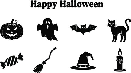 A set of halloween icons featuring a pumpkin, ghost, bat, cat, candy, broom, hat and candle
