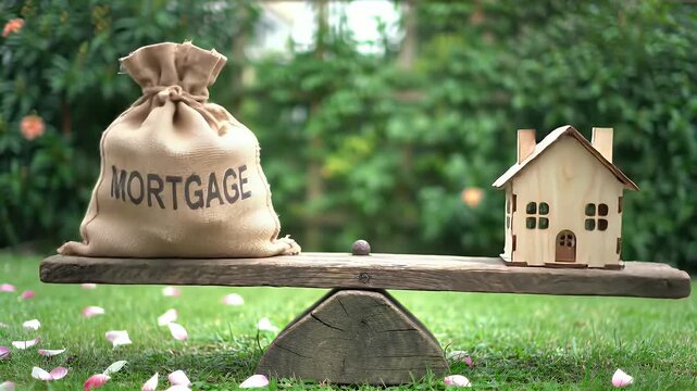 Mortgage Balance Conceptual Video of Burlap Sack and Small Wooden House on Rustic Seesaw in a Green Lawn With Scattered Pink Petals Under Daylight Perfect Home Ownership Metaphor