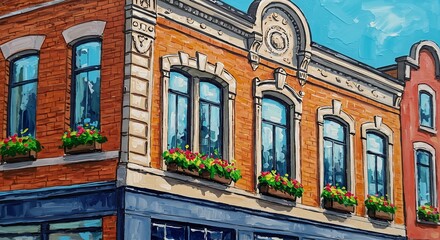 Obraz premium 美しいレンガ造りの建物、街角風景画