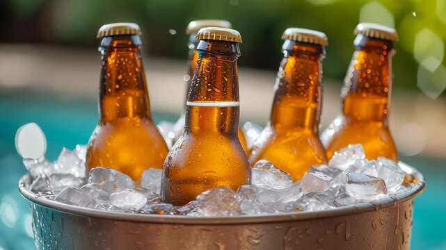 A bucket full of beer with ice and four beer bottles. Scene is relaxed and casual