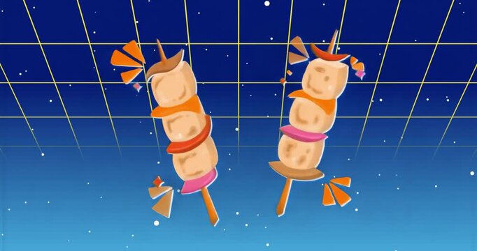 After two-second pause skewers tilting left, rotating and shedding fragments to showcase retro grid