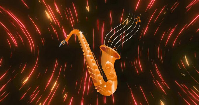 Golden saxophone appearing center, emitting red streaks, glowing notes projecting music into vortex