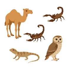 Obraz premium Desert Animals: Camel, Scorpion, Lizard, Owl, Wildlife Illustration Set