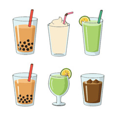Various Thai Drinks and Desserts Illustration: Teh Hijau, Teh Tarik, Srech, Es Cencolel and Speacing