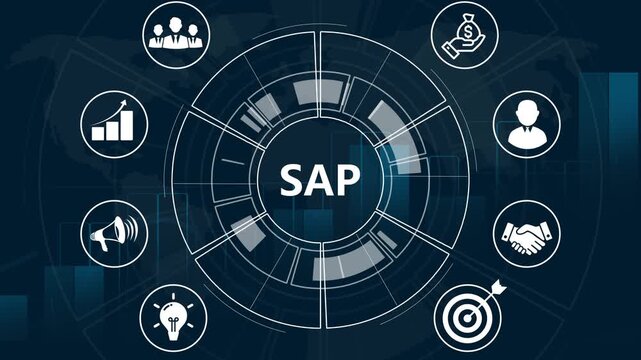 SAP System Software Automation - Enterprise Resource Planning (ERP) technology construction concept with hand video on virtual screen. Systems, Applications, Products, Data Processing. - Powered by Adobe