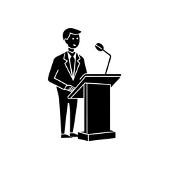 stylized male figure at a lectern  minimalist mic 