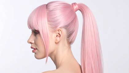A woman's profile with vibrant pink hair styled in a high ponytail.  Soft lighting, smooth skin
