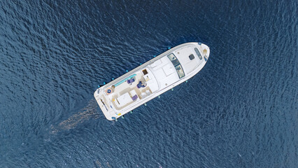 Aerial drone view of vacation motor boat in river Shannon from above, family travel by motorboat,...