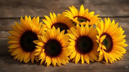Obraz premium Sunflowers arranged on a rustic wooden surface with warm natural lighting.