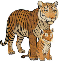 Dynamic tiger parents set against a pristine white backdrop.