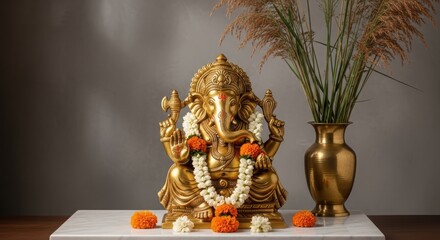 Golden Ganesha statue with floral garland and reeds