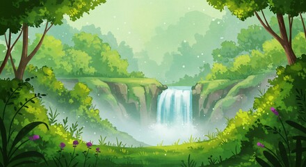 緑豊かな森の滝風景イラスト
