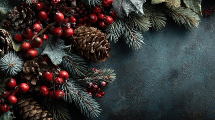 Festive Holiday Garland: A collection of evergreen branches, rich red berries, and textured pine cones forms an inviting holiday garland. The textures and tones creates a festive. Generative Ai