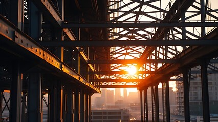 Fototapeta premium Geometric steel beams under golden hour light, showcasing industrial strength and architectural beauty.