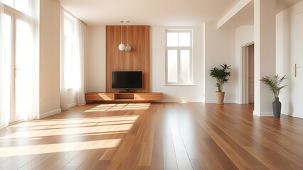 Fototapeta premium Minimalist living room with wooden floors, embodying clean and spacious design.
