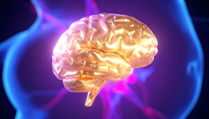 Glowing golden brain superimposed on a translucent anatomical figure