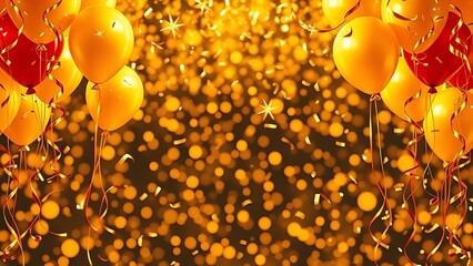 A festive golden frame filled with floating balloons and swirling confetti, capturing a lively celebration atmosphere.